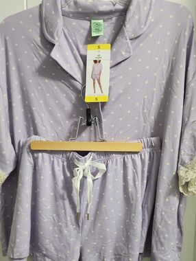 Honey Dew Women’s Lavender Polka Dot Pajama Set with Lace Trim - S